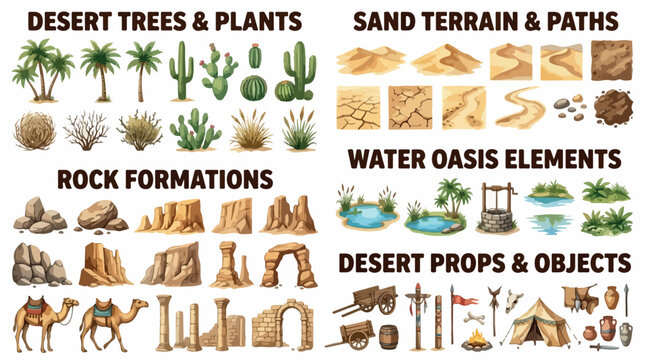 Desert landscape elements vector set, sand terrain and rock formations collection, oasis plants and desert props for game design and map creation