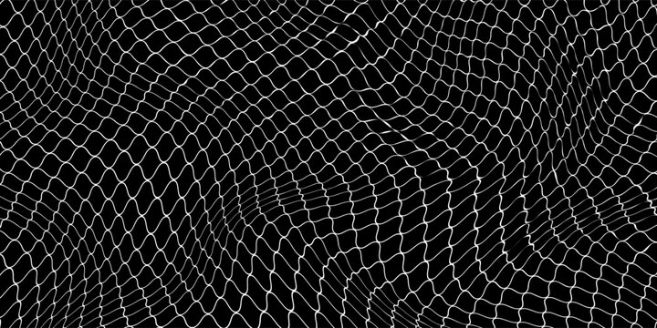 Fishing net seamless pattern. Soccer and football gates mesh. Fishnet texture. Basketball hoop and hockey net pattern. Sportswear texture. Chain link fence. Vector illustration on black background.