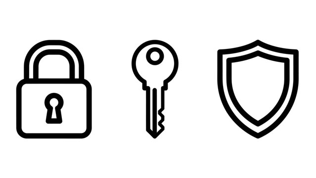 Basic security and protection icon set featuring a closed padlock a door key a defensive shield representing safety and data privacy measures security protection illustration technology