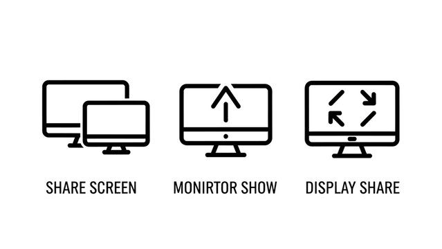 Screen sharing and monitor display icons set with presentation connection technology computer interface collaboration business software broadcast streaming infrastructure communication