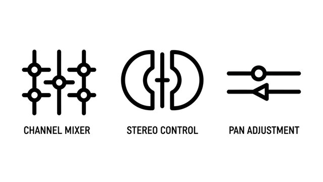 Audio engineering and sound mixing icon set channel mixer stereo control and pan adjustment with engineering production adjustment recording waveform equalizer equipment frequency settings