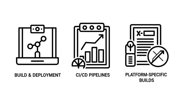 Software development dev ops icon set build and deployment ci cd pipelines and platform specific builds with software development deployment pipeline automation programming platform technology