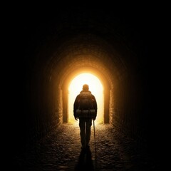 Fototapeta premium Silhouette of a Person Walking Towards the Light at the End of a Tunnel.