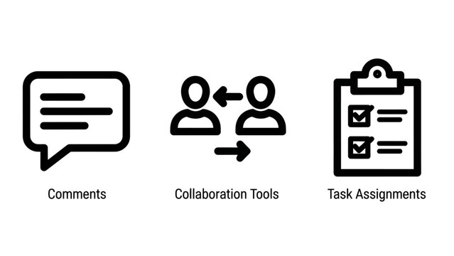 Set of business workflow icons including comments collaboration and task assignments with comments collaboration assignment workflow management business communication productivity planning