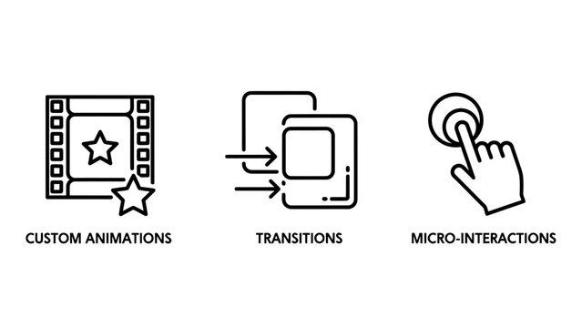 Set of web and micro-interaction design icons with animation transitions interaction development interface experience graphics software creative feedback movement controls elements