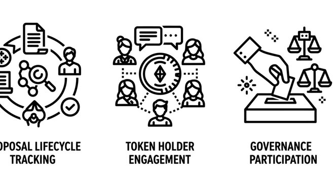 Decentralized governance and token holder engagement icon set for blockchain and dao concepts with governance engagement proposal lifecycle tracking blockchain participation business community