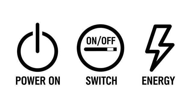 Power on and energy control icon set with switch functionality symbols electricity technology activation management function interface minimalist illustration electronics lightning hardware