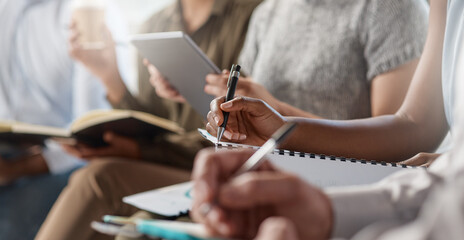 Hands, writing and team with paperwork in conference, presentation or plan for financial development. Corporate, people and collaboration for business growth, meeting and notes for training session © peopleimages.com