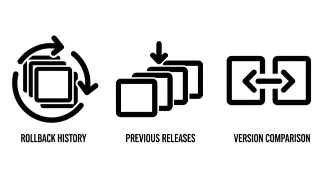 Version control and software release management line icons with rollback comparison software development revision document management minimalist technical interface programming platform