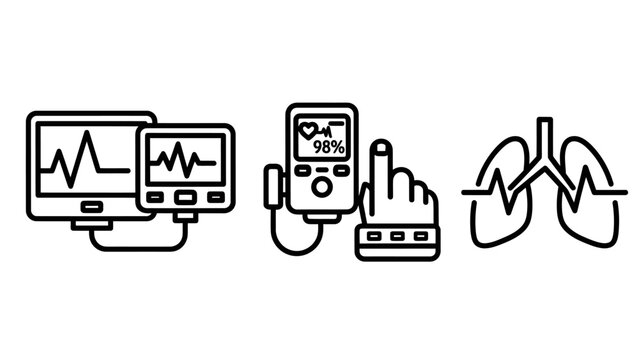 Medical monitoring and health diagnostics line icons set with monitoring diagnostic oximeter healthcare hospital respiratory technology examination clinical medicine wellness analysis