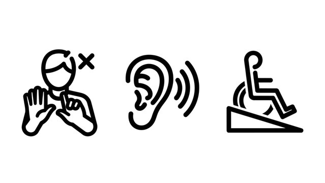 Accessibility and inclusive communication symbols for hearing impaired and wheelchair access with accessibility inclusive disabled wheelchair communication disability facility universal