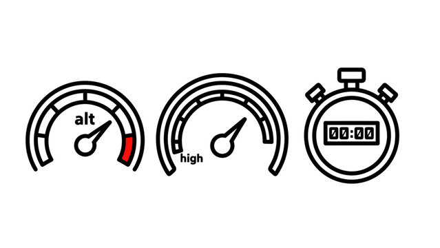 Set of three linear gauge and stopwatch icon symbols for measuring performance and time with stopwatch altimeter speedometer measurement interface altitude performance dashboard monitoring