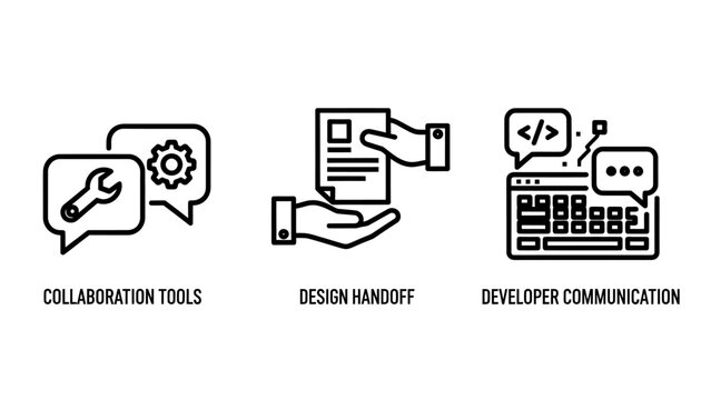 Software development and project collaboration icons for design handoff and developer communication with collaboration development developer communication workflow teamwork software programming