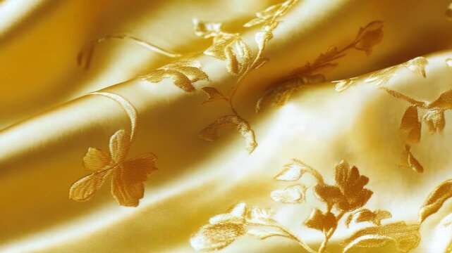 Vibrant yellow background with golden leaf-like designs scattered throughout.