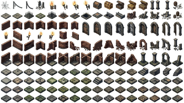 Isometric dungeon construction kit, medieval stone walls and floor tiles vector set, dark fantasy RPG game assets with torches and chests