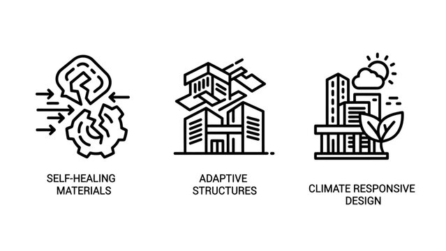 Sustainable construction and climate responsive urban architecture icon set with construction architecture building sustainable responsive material structure environment engineering adaptive