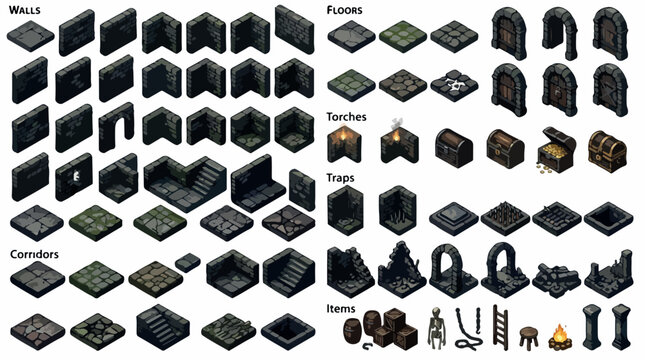Isometric pixel art dungeon tileset, dark stone walls and floors for game design, fantasy RPG environment construction kit with chests and traps