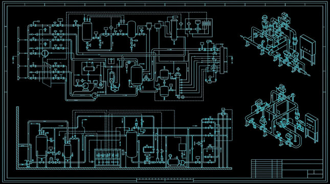 AutoCAD AI Automation Pipeline Blueprint Technical Drawing Vector Set Multi View Top View Cyan Outline on Black Background