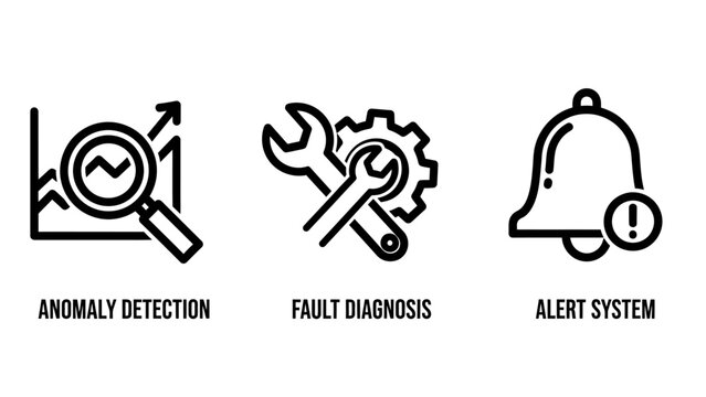 Industrial monitoring and maintenance concept icons set for anomaly detection and fault diagnosis with detection diagnosis industrial maintenance magnifying monitoring analysis technology