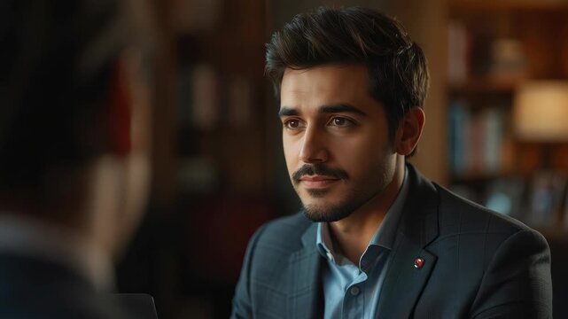 Young man businessman suit office portrait listening thoughtfully and smiling during warm meeting