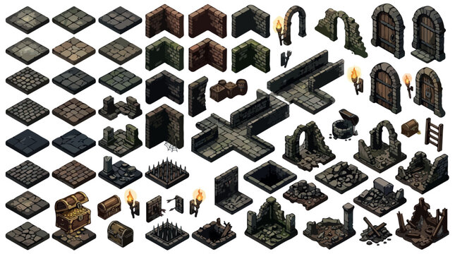 Isometric pixel art dungeon tileset, medieval stone brick walls and floor tiles, dark fantasy rpg game assets with torches and treasure chests