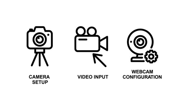 Camera setup input webcam configuration media icons with configuration streaming recording photography technology broadcast production communication internet software interface settings