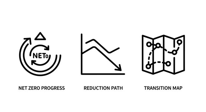 Sustainability concepts set with net zero progress arrow chart reduction path and map sustainability progress reduction transition environment business strategy planning analysis development