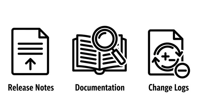 Software development documentation and technical log icons with document magnifier software development documentation information monochrome isolated interface programming technical