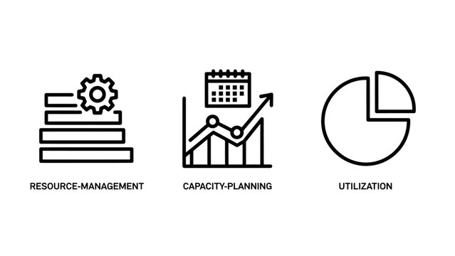 Business productivity icons for resource management and capacity planning with calendar resource management capacity planning utilization analysis business statistics strategy monochrome