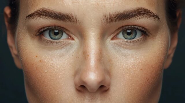Close up portrait female with green eye and natural skin texture, calm expression and freckled