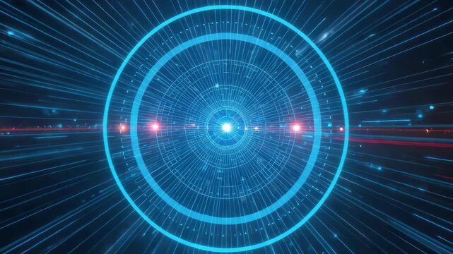 Futuristic blue digital target radial light streak digital hub glowing data nodes energy