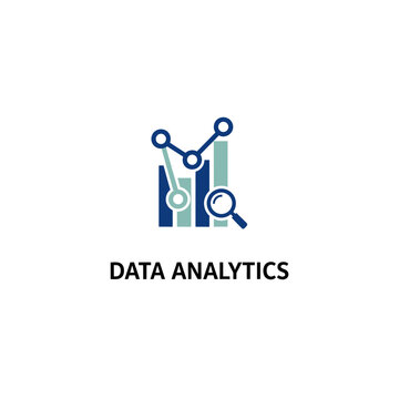 Data Analytics Icon: Bar Chart, Line Graph, Magnifying Glass, White Background