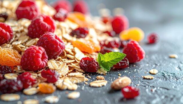 A close-up shot showcases a vibrant and healthy mix of raspberries, dried fruits, nuts, and granola, arranged artfully on a dark textured surface.