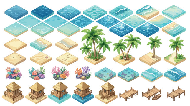 Isometric tropical island map creator kit, 38 beach and ocean landscape tiles, palm trees and coral reef game assets, wooden bungalows and docks
