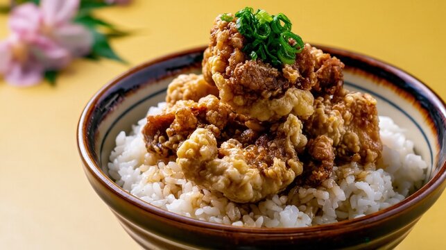 japanese karaage don, fried chicken rice bowl