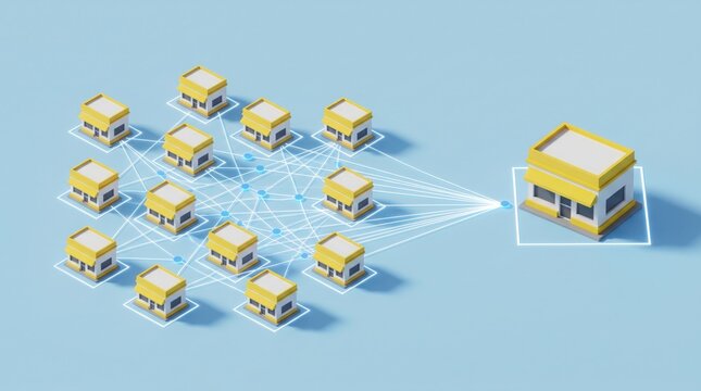 Isometric small retail store network connecting to a central hub building representing digital business expansion strategy on a clean soft blue background