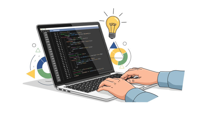 Developer coding on laptop with lightbulb idea illustration