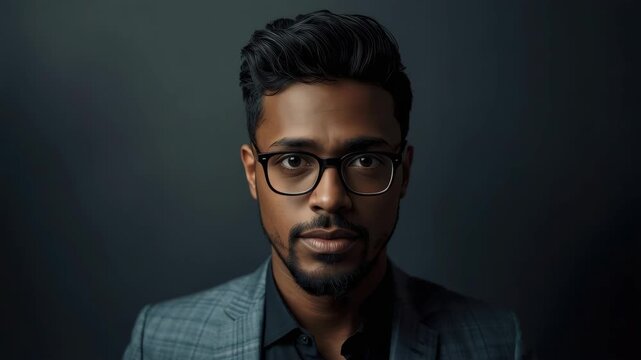 Handsome man in glasses suit jacket portrait studio moody lighting confident expression