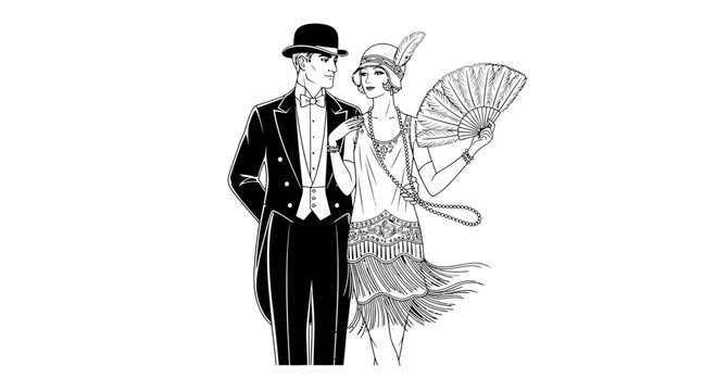 Elegant Couple 1920s Style: Man in Tuxedo, Woman with Flapper Dress and Fan