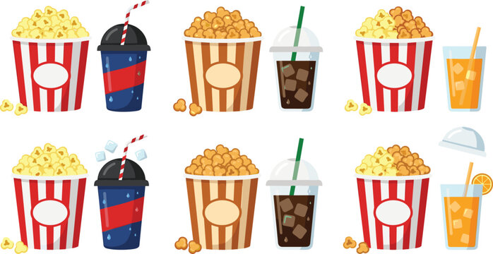 Movie Theater Popcorn and Refreshment Set with Striped Buckets, Iced Soda Cups, and Orange Juice for Cinema Concession Stand and Entertainment Industry Vector Designs