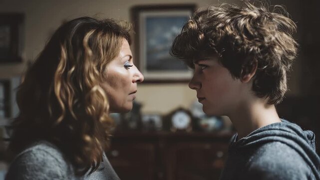 Mother and son have a serious argument in a dimly lit room during the evening hours of the day