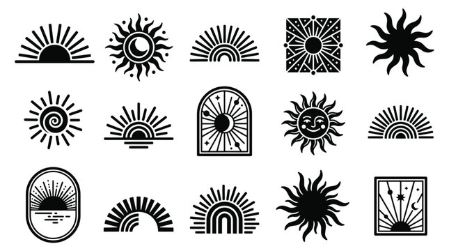 Stylish black silhouette sun and celestial graphic vector designs collection