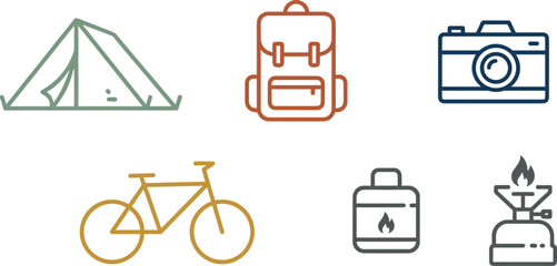 Fototapeta premium Outdoor Adventure Icons Set Featuring Tent, Backpack, Camera, Bicycle, Gas Stove, and Battery for Camping and Travel Activities