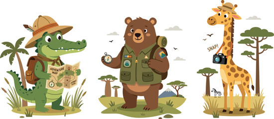Safari Adventure Characters with Crocodile, Bear, and Giraffe in Explorer Outfits for Kids' Jungle Exploration and Wildlife Designs © Shuvo