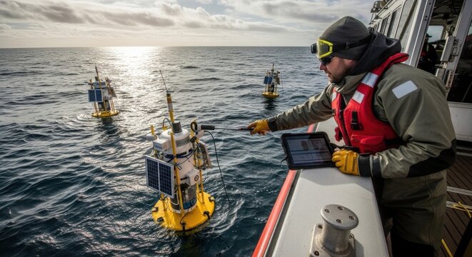 Man on boat operates tablet near ocean buoys with sensors at sea.
