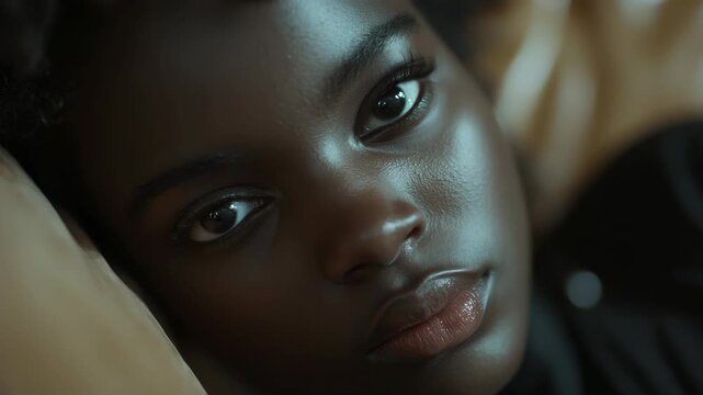 Close-up of a dark-skinned woman's face. Her eyes gaze directly at the camera. Soft lighting highlights her facial features. She rests against a blurred, warm background. Her expression is calm