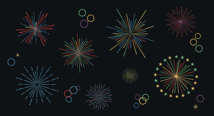 Fototapeta premium Colorful fireworks, explosion effects, celebration graphics, party decorations, vector illustrations