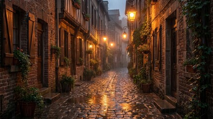 Obraz premium Charming Rainy Old Town Alley with Lanterns