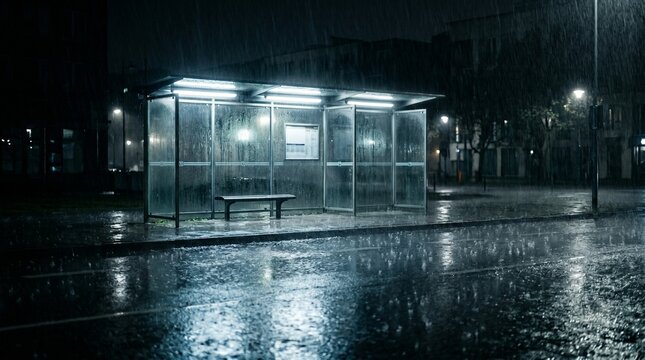 A completely empty bus stop with a single bench during heavy rain at night