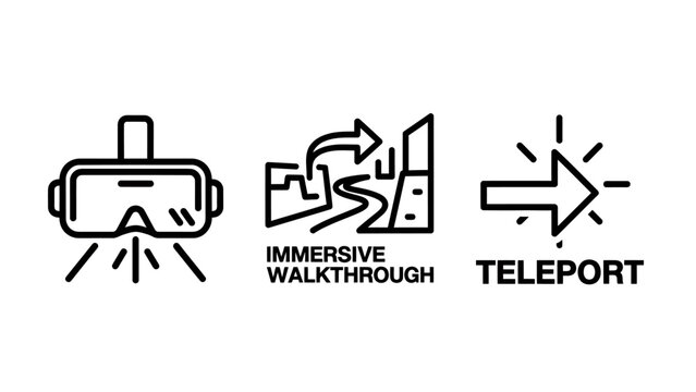 Icons for virtual reality headset immersive walkthrough teleportation with line art real estate augmented reality immersive walkthrough teleport technology experience movement navigation